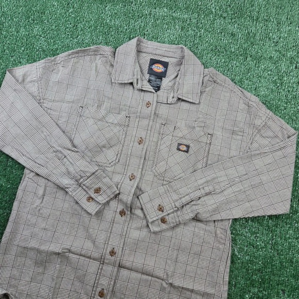 Dickies Mens Glen Plaid Button Down Shirt Brown Tan Long‎ Sleeve Workwear XS/TP